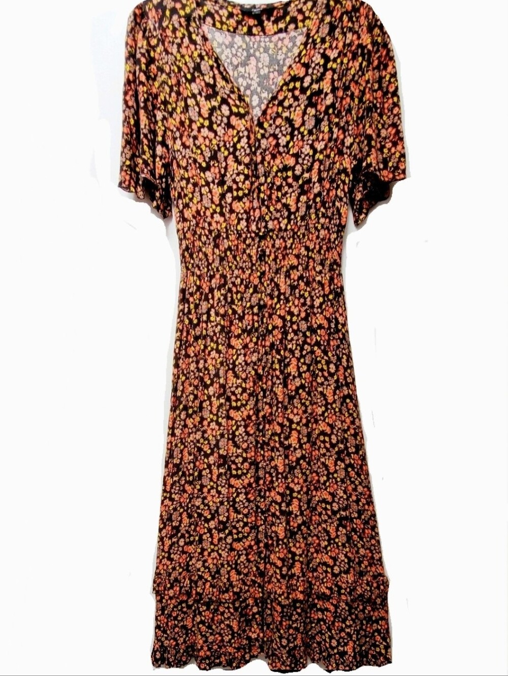 Next Ditsy Floral Smocked Vneck Midi Dress Tiered Size SMALL